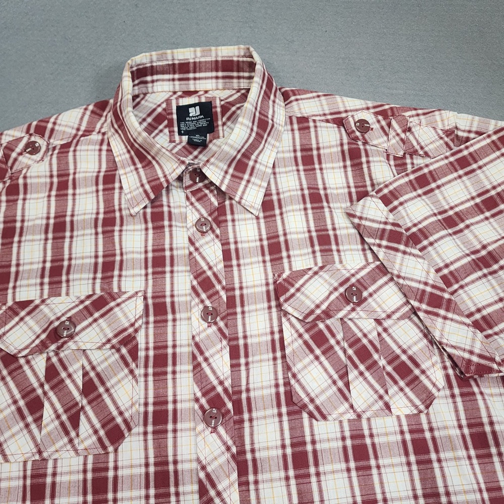 PJ Mark Button Down‎ Shirt Burgundy Plaid Epaulettes Mens XL